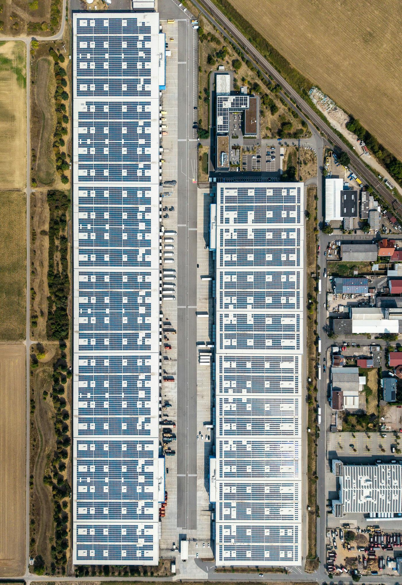 Solar panels on a commercial building roof